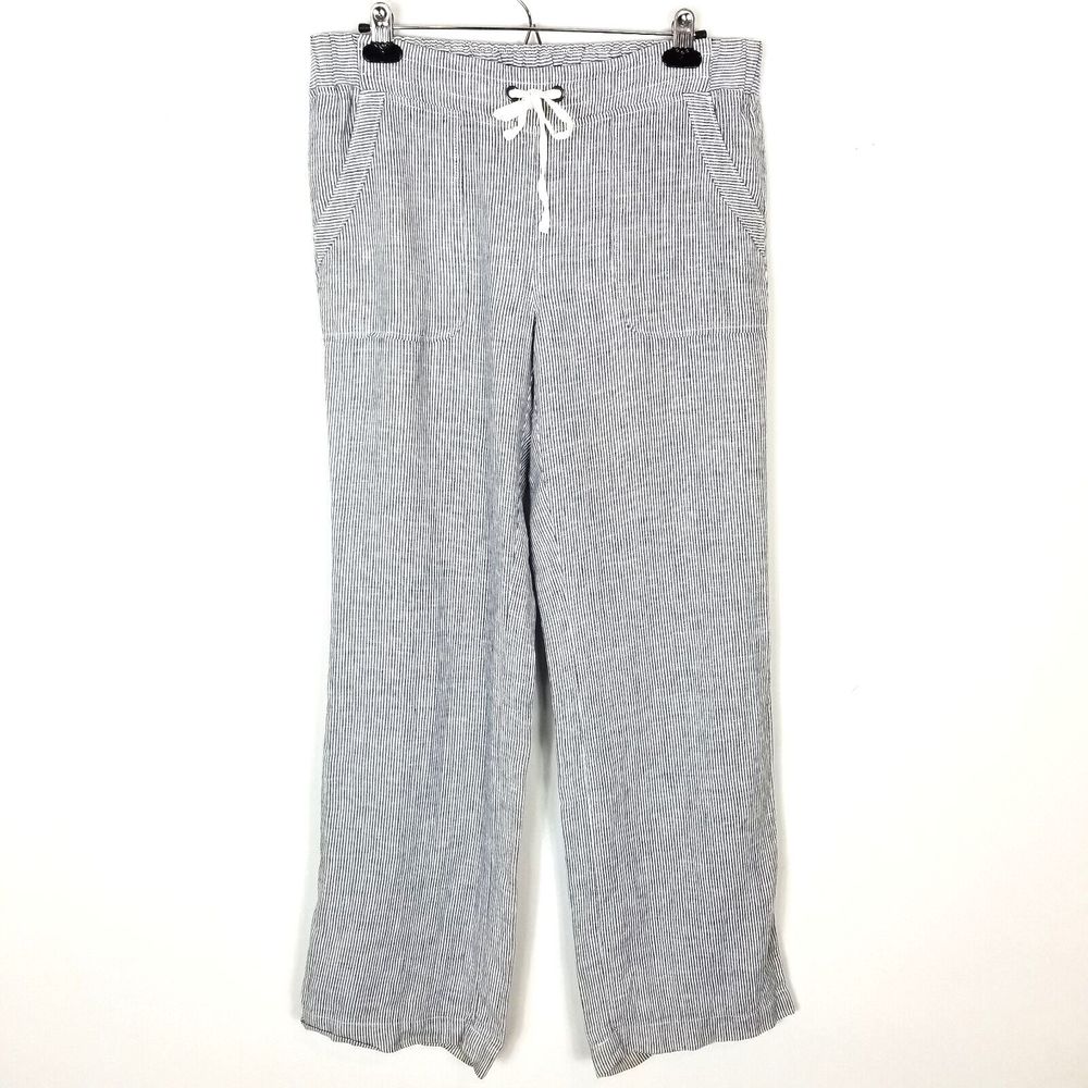 Athleta Women Bali 100% Linen Pants Size 12 Striped Blue White Drawstring Beach